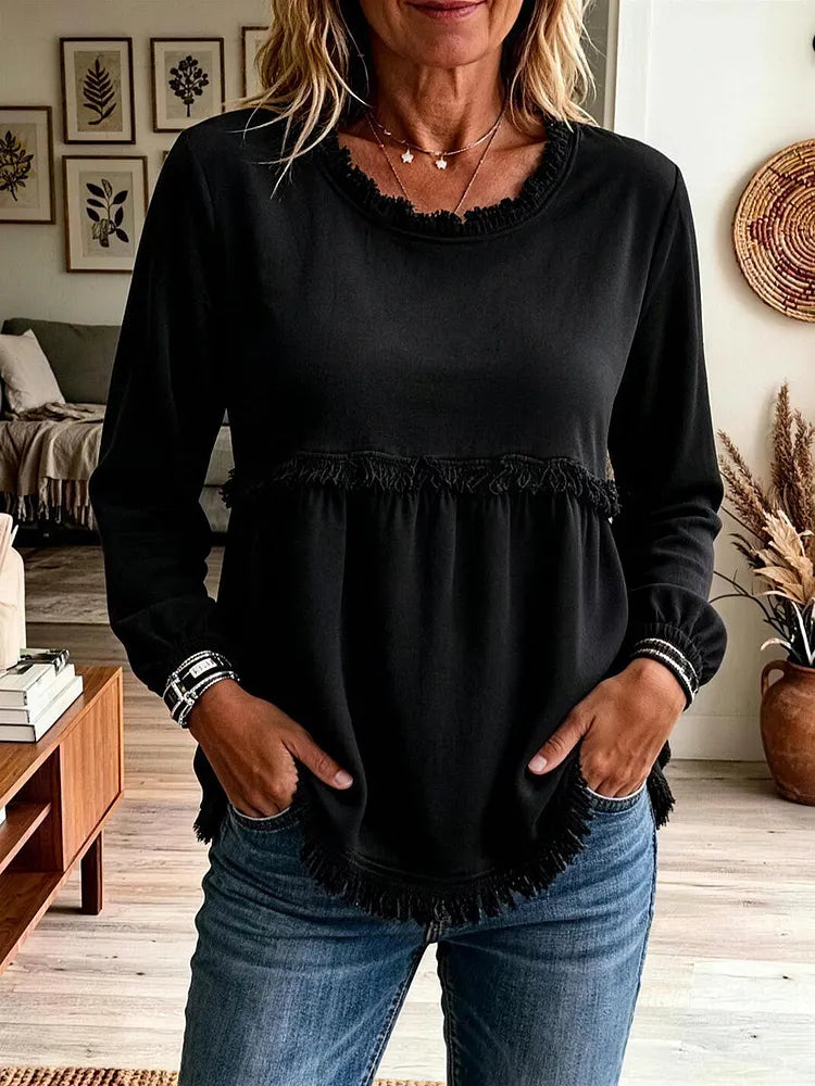 Noelle Soft Ribbed Lace-Sleeve Top