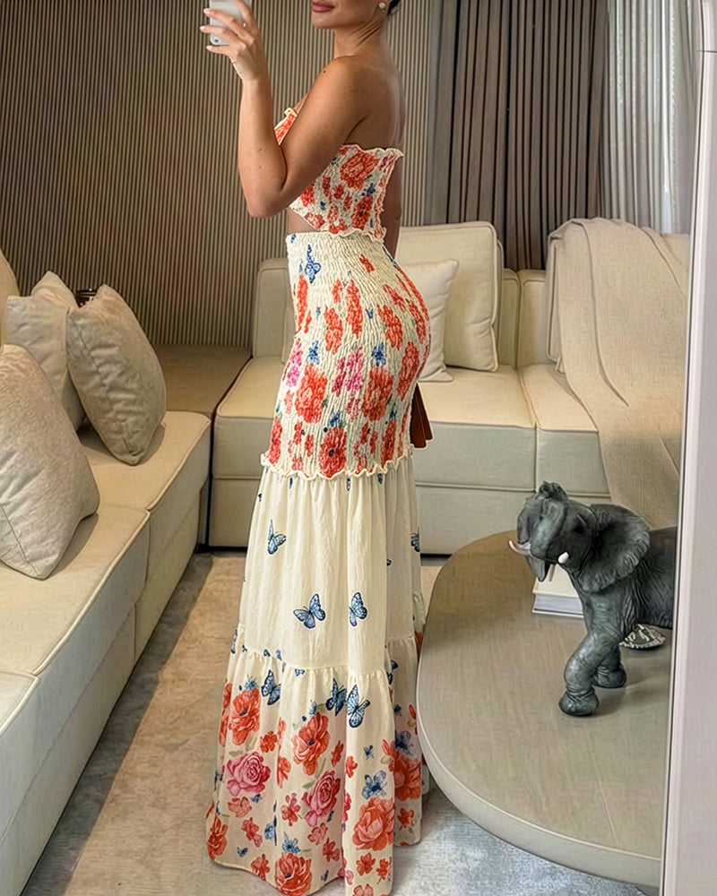 Cutout Shirred Ruffle Vacation Dress