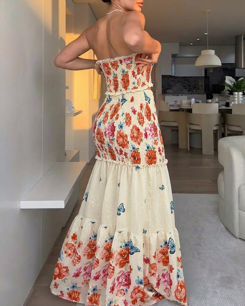 Cutout Shirred Ruffle Vacation Dress