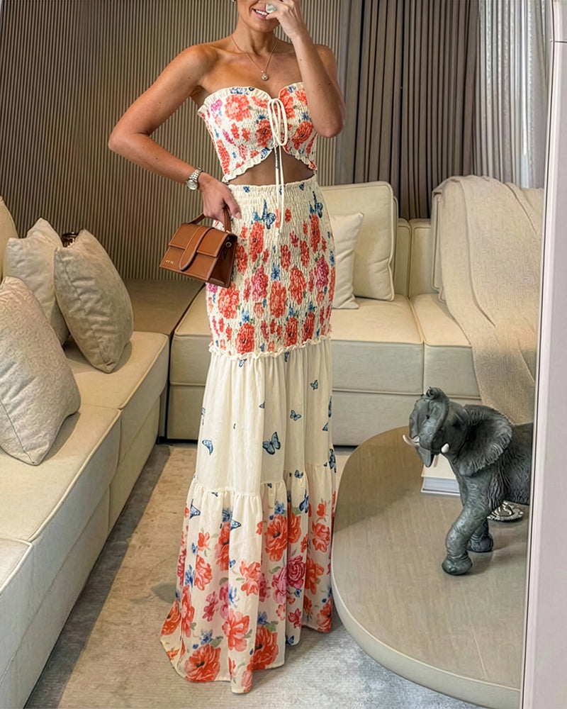 Cutout Shirred Ruffle Vacation Dress