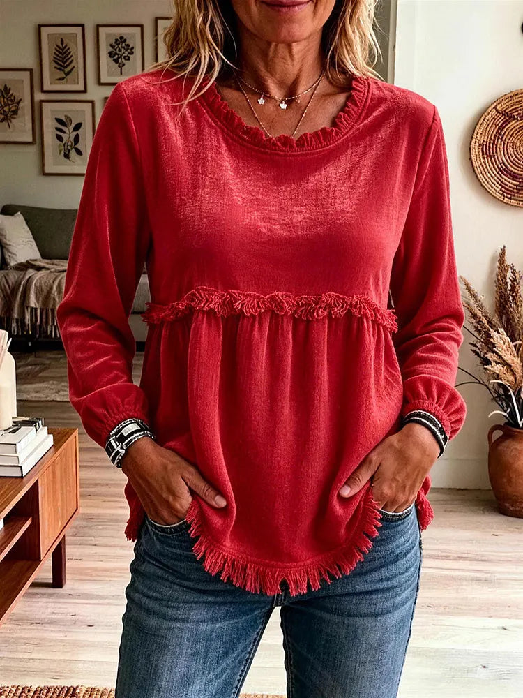 Noelle Soft Ribbed Lace-Sleeve Top