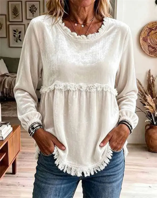Noelle Soft Ribbed Lace-Sleeve Top