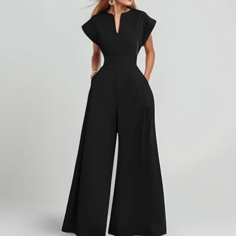Women's V-Neck Cap Sleeve Wide Leg Jumpsuit