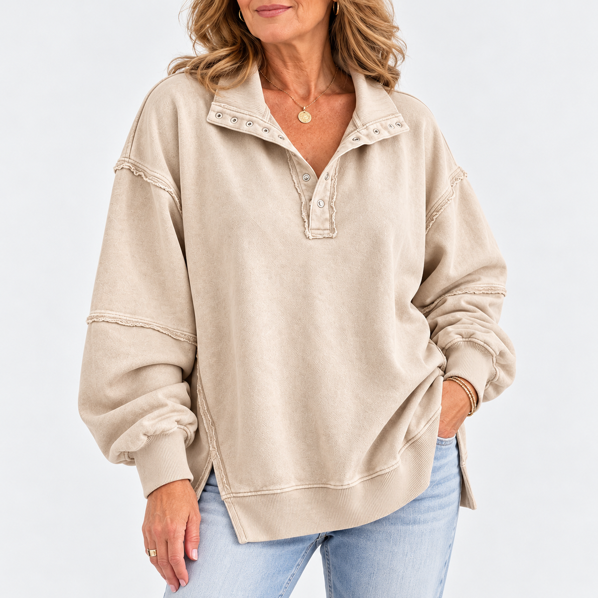 Marcelle | Raw-Edge Henley Sweatshirt