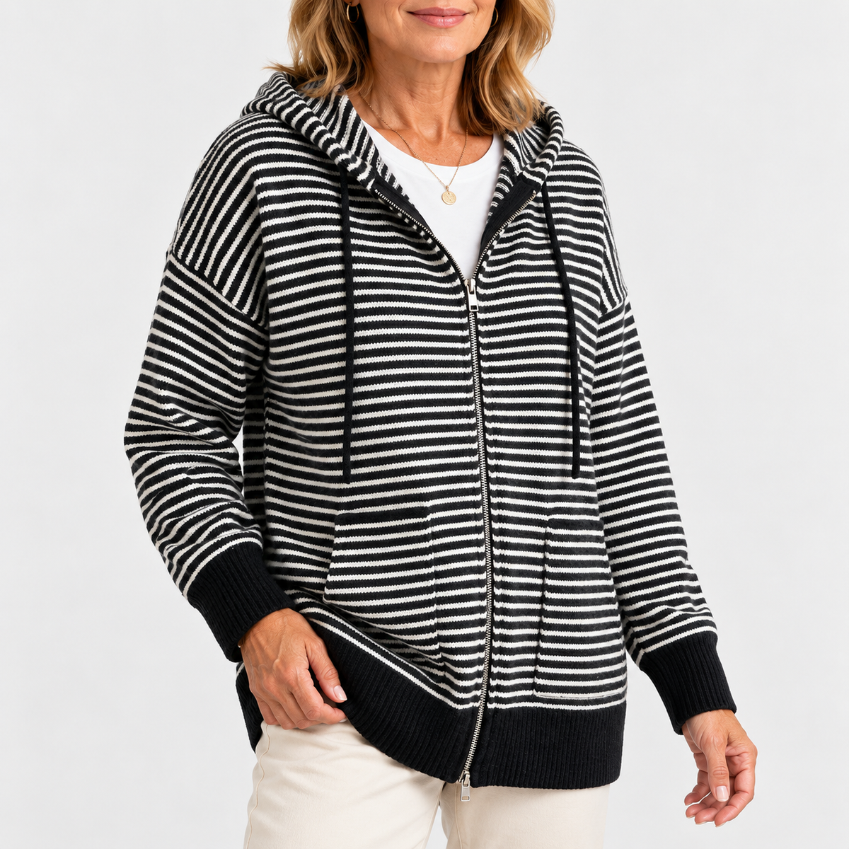 Audrey | Women's Striped Knitted Cardigan With Hood