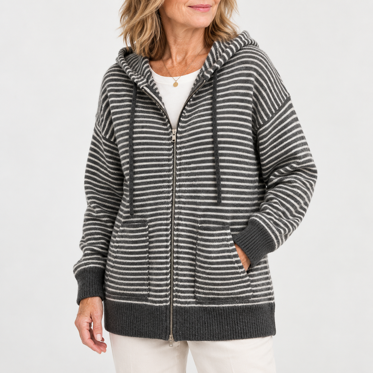 Audrey | Women's Striped Knitted Cardigan With Hood