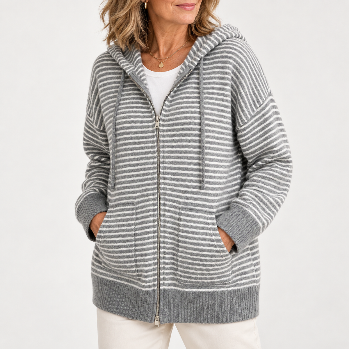 Audrey | Women's Striped Knitted Cardigan With Hood