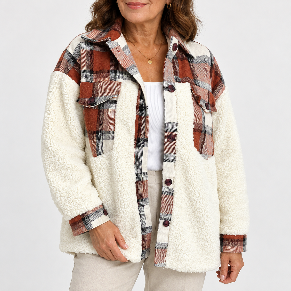 Iris | Plaid Plush Patchwork Button-Down Jacket