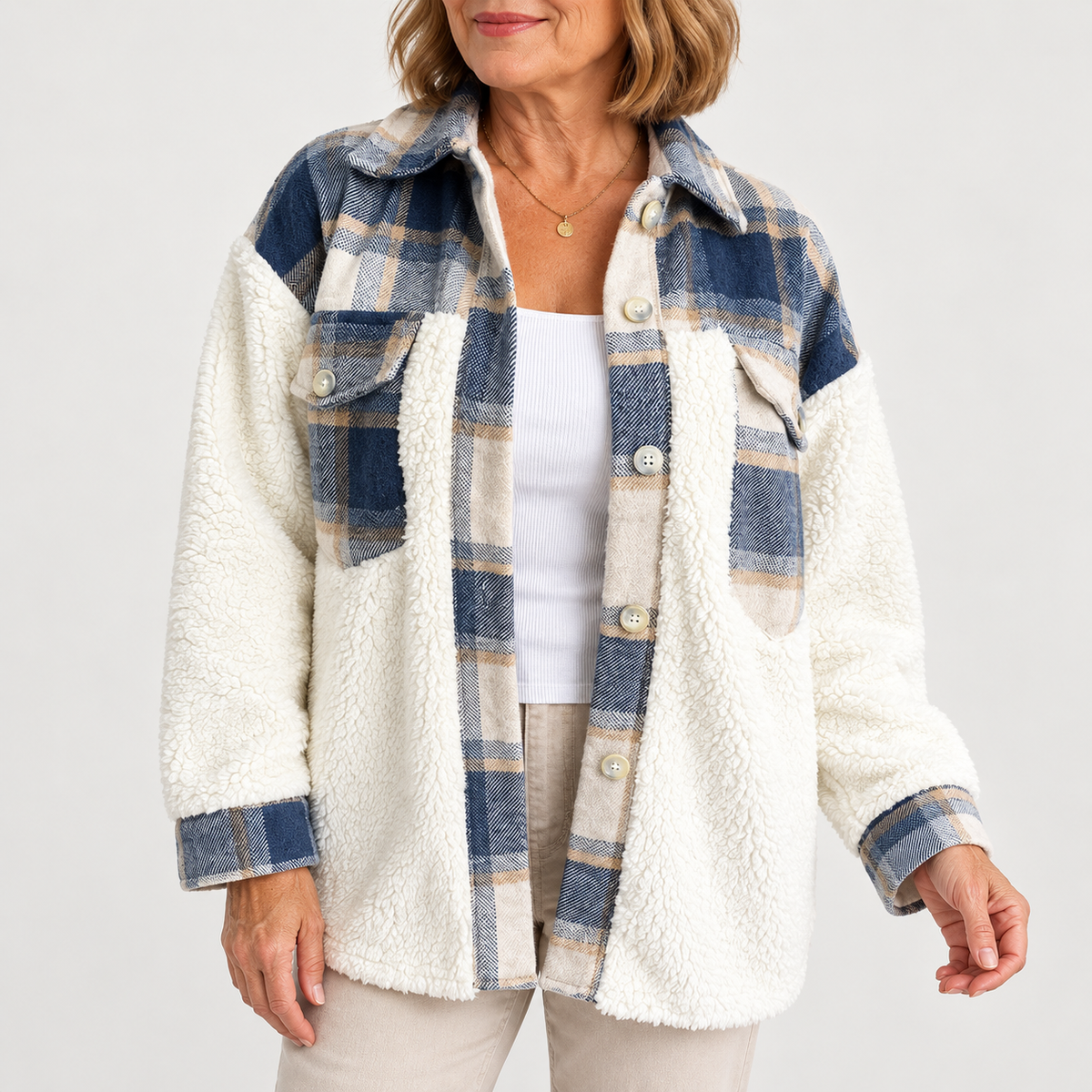 Iris | Plaid Plush Patchwork Button-Down Jacket