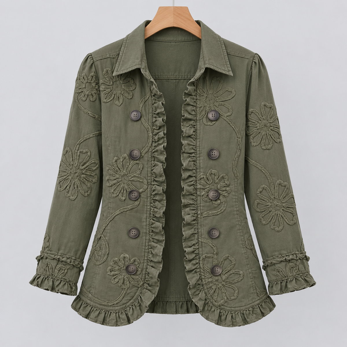 Kamberly Floral Utility Ruffled Trim Jacket