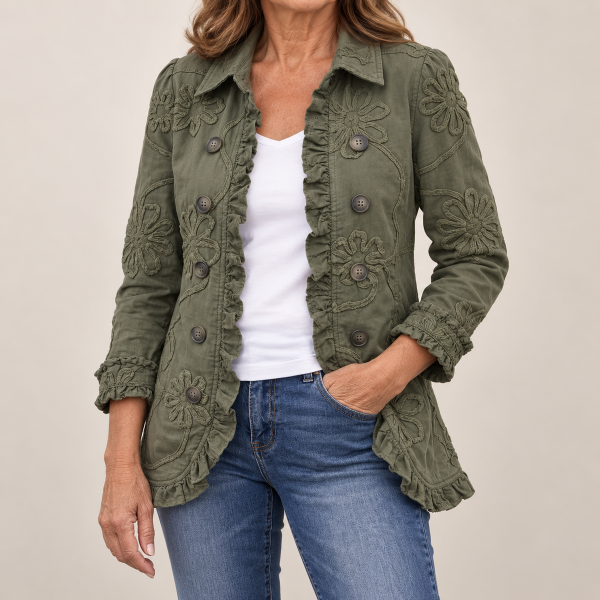 Kamberly Floral Utility Ruffled Trim Jacket