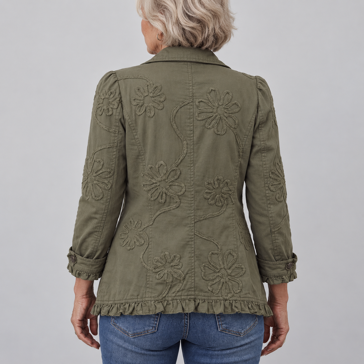 Kamberly Floral Utility Ruffled Trim Jacket