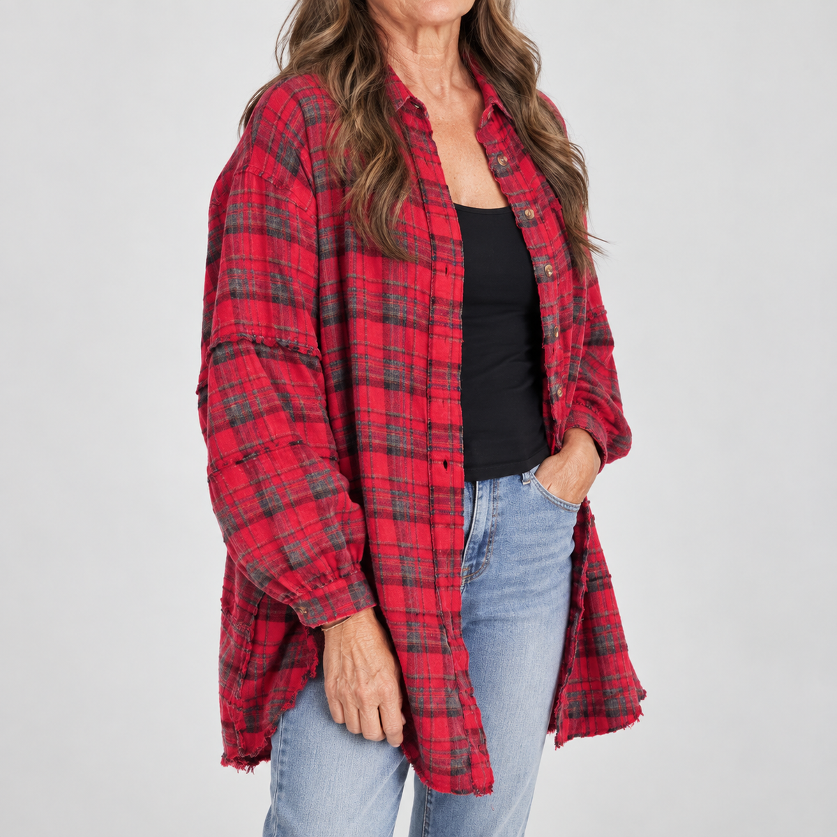 Women's Raw Hem Flannel Shirt Oversized Long Sleeve Blouse