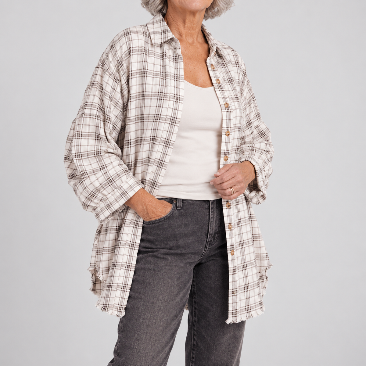 Women's Raw Hem Flannel Shirt Oversized Long Sleeve Blouse