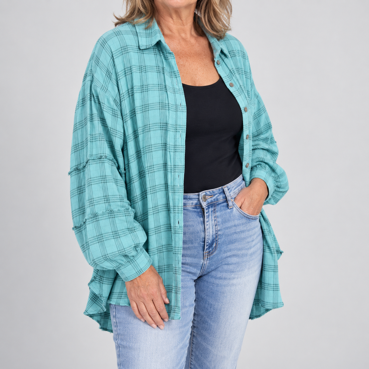 Women's Raw Hem Flannel Shirt Oversized Long Sleeve Blouse
