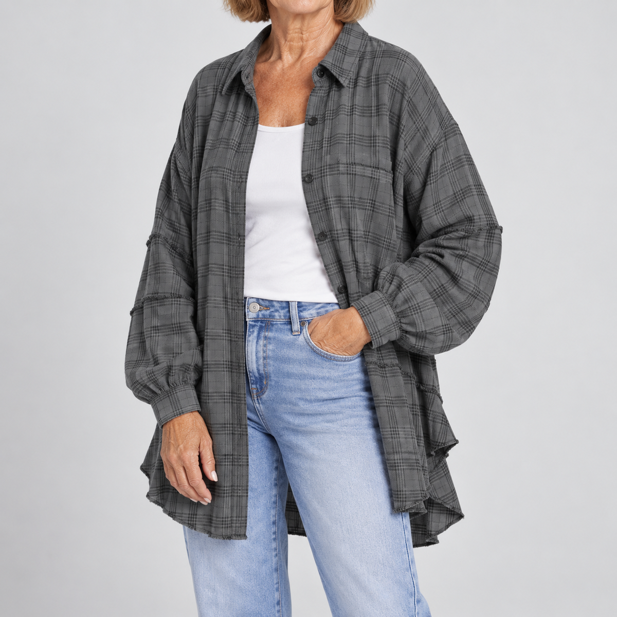 Women's Raw Hem Flannel Shirt Oversized Long Sleeve Blouse