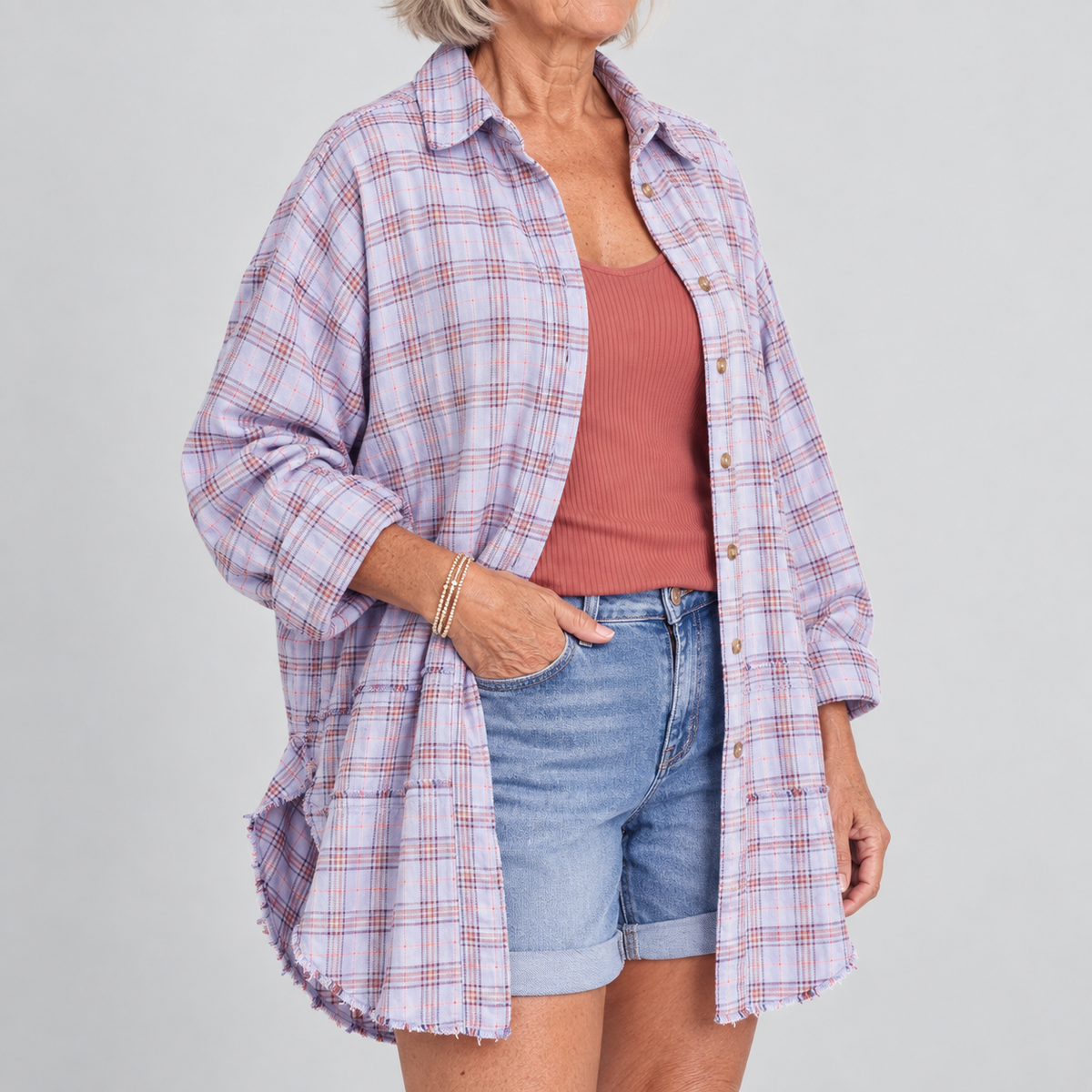Women's Raw Hem Flannel Shirt Oversized Long Sleeve Blouse