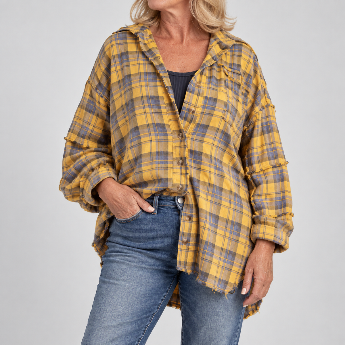 Women's Raw Hem Flannel Shirt Oversized Long Sleeve Blouse
