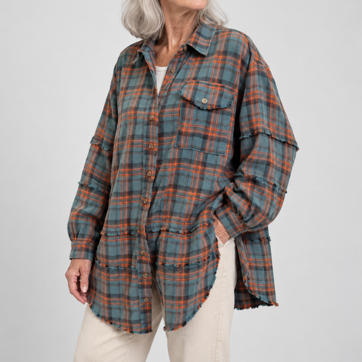 Women's Raw Hem Flannel Shirt Oversized Long Sleeve Blouse
