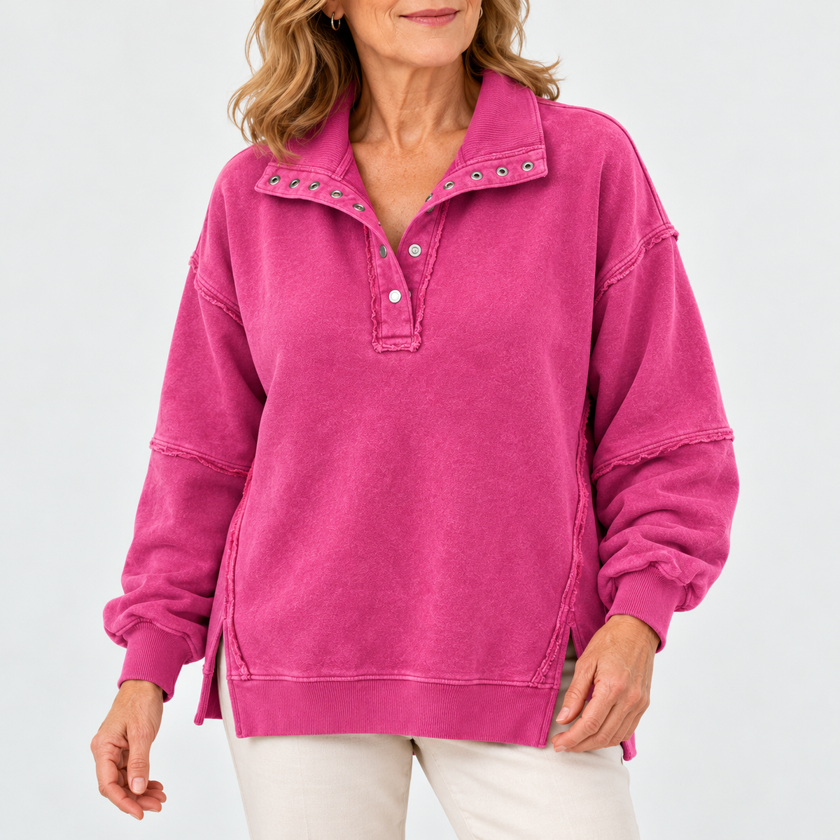 Marcelle | Raw-Edge Henley Sweatshirt