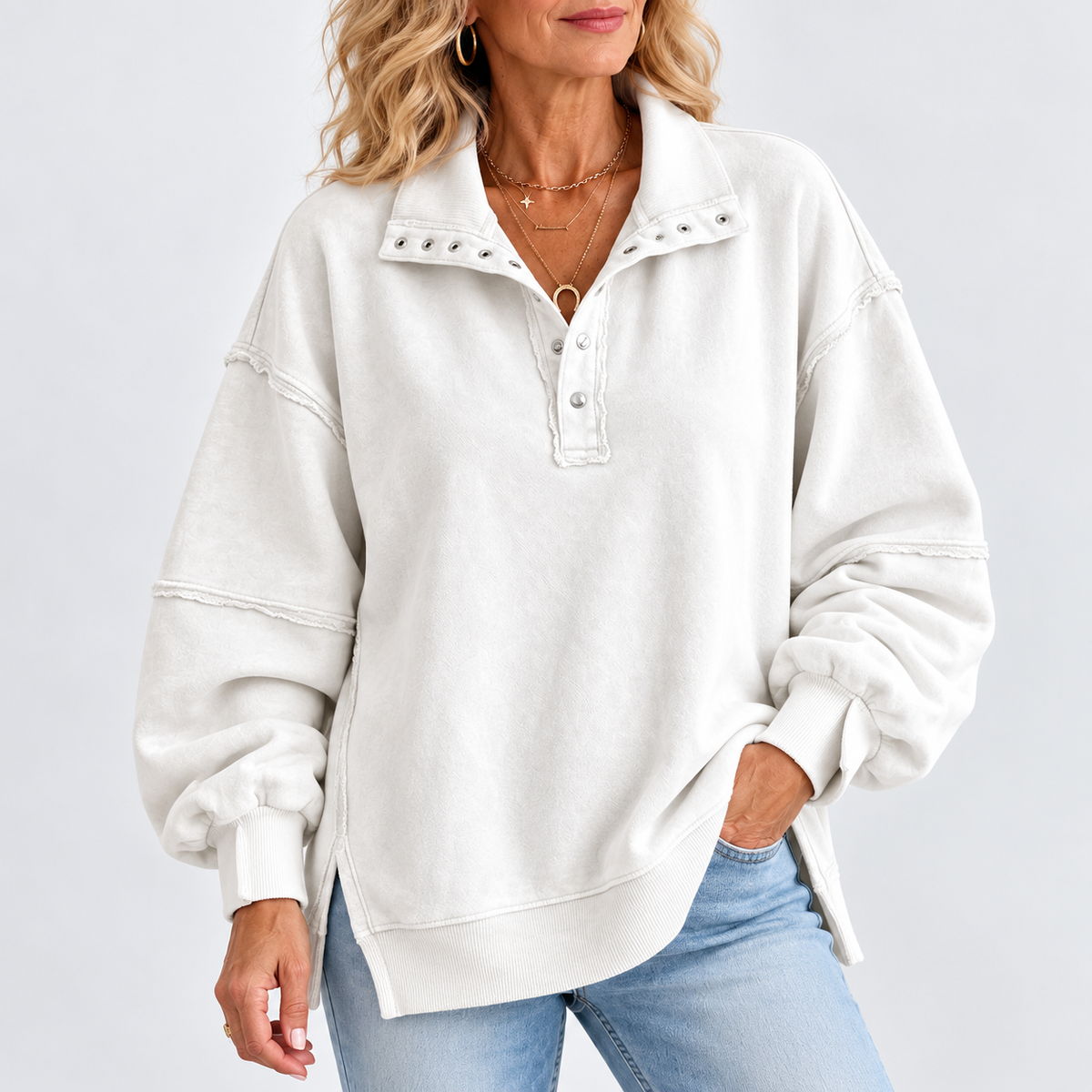 Marcelle | Raw-Edge Henley Sweatshirt