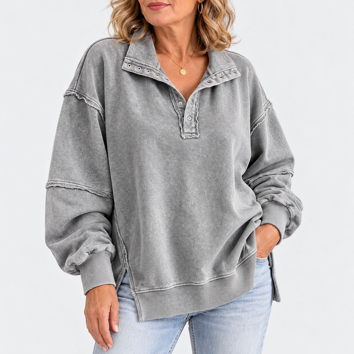 Marcelle | Raw-Edge Henley Sweatshirt