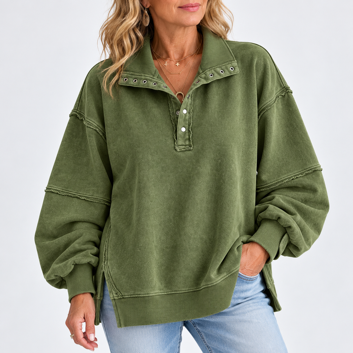 Marcelle | Raw-Edge Henley Sweatshirt