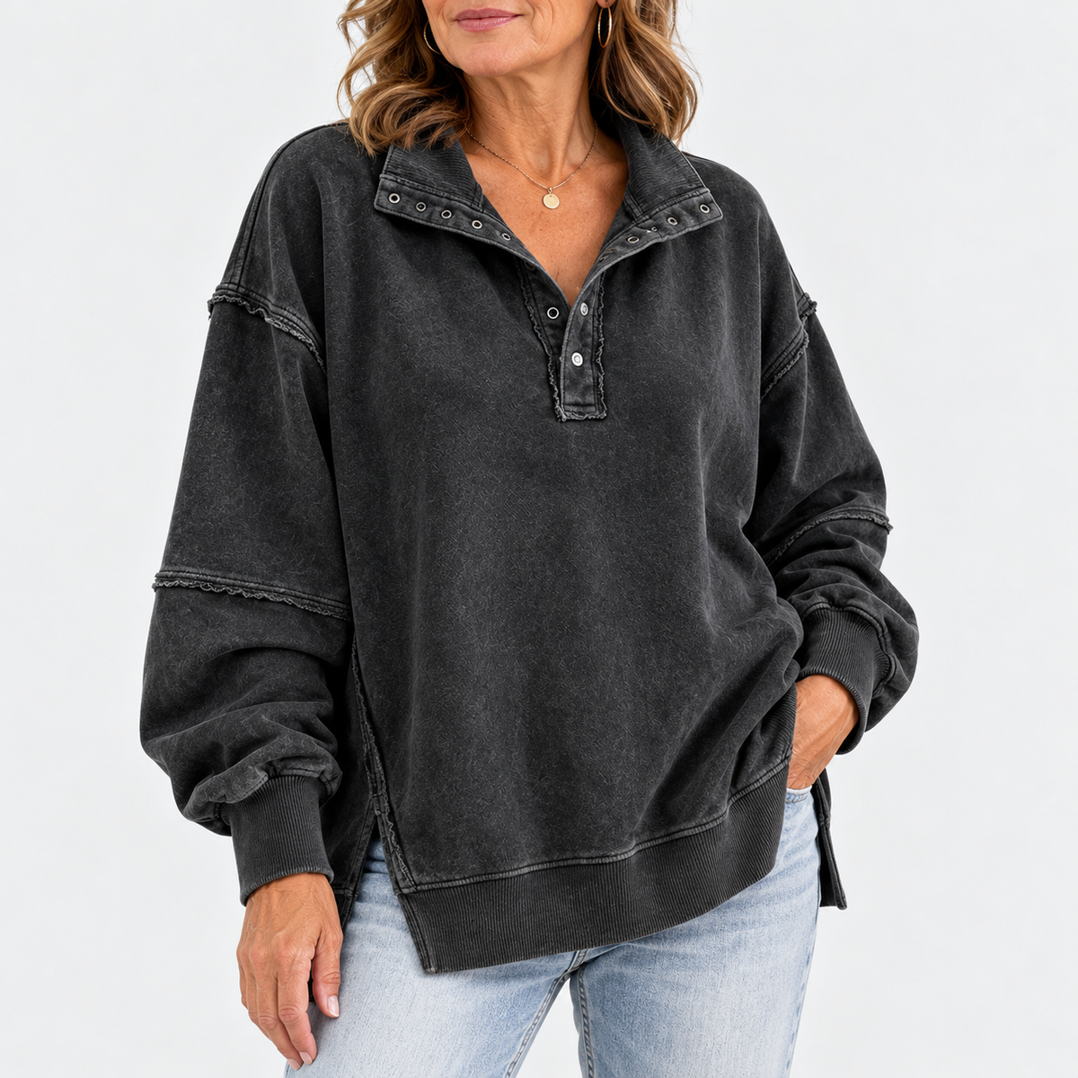 Marcelle | Raw-Edge Henley Sweatshirt
