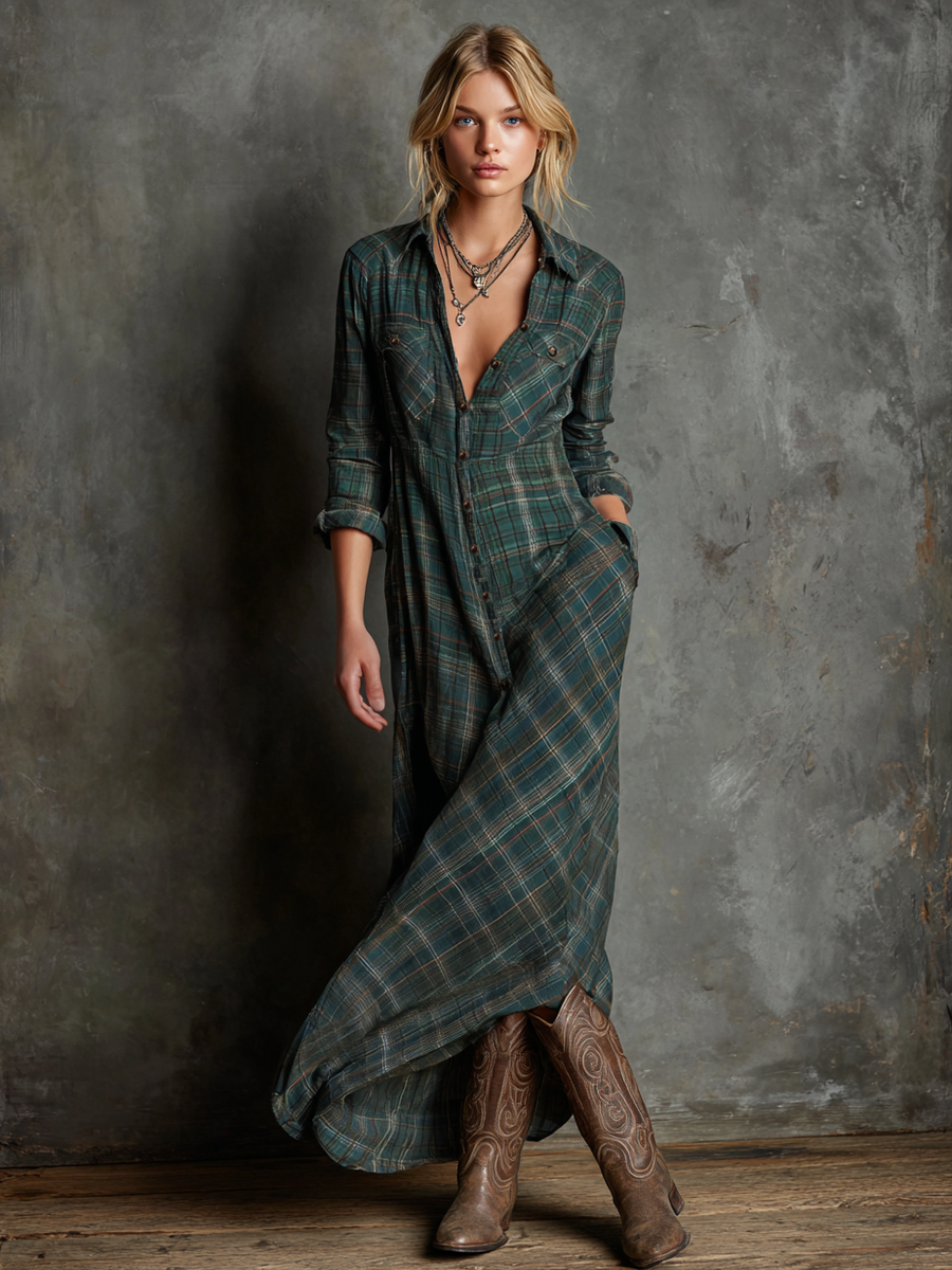 AILENE | CLASSIC GREEN PLAID SHIRT DRESS