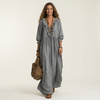 Yosetta | Ruffle V-Neck Striped Lantern-Sleeve Maxi Dress